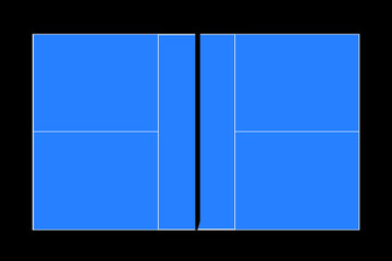 Recreational sport of pickle ball court in USA looking at an empty blue vector court on black background.	