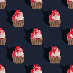 Deep blue Seamless pattern cupcakes silhouettes, muffin sweet white cake and red on top painted with gouache. Texture with sweets for desktop wallpaper or culinary blog website. junk food concept
