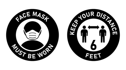 Set of Circular Measure Warning Signs against the Spread of Coronavirus including Face Mask Must Be Worn and Keep Your Distance 6 Feet. Vector Image.