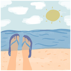 Sun sea and beach with feet in slippers. Leisure travel concept. Colourful vector illustration