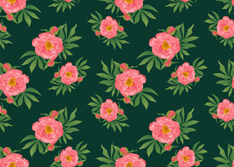 Vector illustration of pink peony flowers and green leaves seamless pattern. Floral background, backdrop element for fabric, textile design.