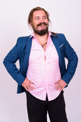 Portrait of happy bearded businessman with mustache and long hair