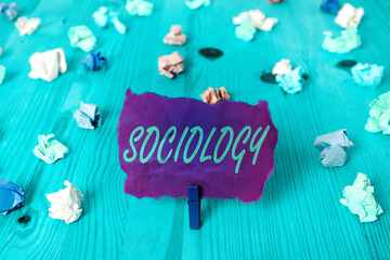 Text sign showing Sociology. Business photo text scientific analysis of a social institution as a functioning whole Colored crumpled rectangle shaped reminder paper light blue background