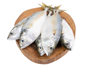 Fresh Mackerel fish on wooden chopping board  isolated on white background with clipping path
