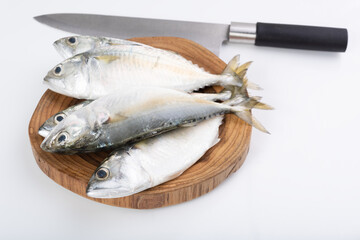 Fresh Mackerel fish and knife on wooden chopping board on white background