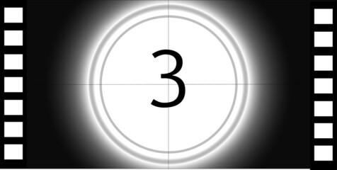 Number 3 cinema movie countdown introduction screen in black and white. Panorama banner for business movie concepts.	