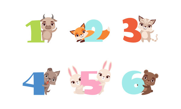 Anniversary Numbers with Cute Animals Set, Bull, Fox, Kitten, Puppy, Bunny, Bear Cartoon Style Vector Illustration