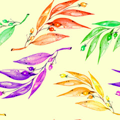 Fototapeta na wymiar Watercolor seamless pattern, background with a floral pattern. Branch with berry Watercolor background, drawing with autumn with forest leaves, plants, berries, branches of linden, aspen