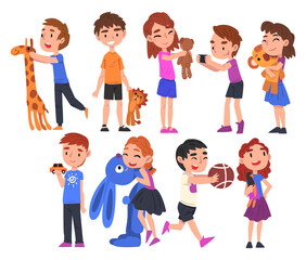 Fototapeta premium Cute Adorable Boys and Girls Playing with their Favorite Toys Set Cartoon Vector Illustration on White Background