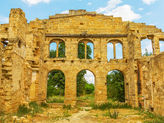 The ruins of an ancient house in Odessa, Ukraine. Historic building destroyed by vandals of the proletariat during a revolution in Russia in the 20th century.