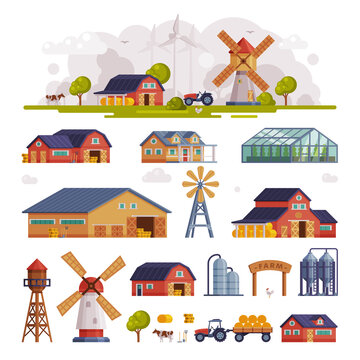Rural Buildings and Agricultural Objects Set, Summer Farm Scene with Red Barn and Windmill, Agriculture and Farming Concept Cartoon Vector Illustration