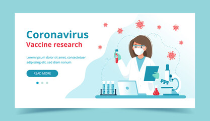 Vaccine research, scientist conducting experiments in lab. Landing page template. Vector illustration in flat style