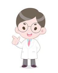 Cute Cartoon Style White Uniform Doctor Presenting Happily Vector Illustration 