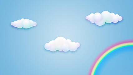 White summer clouds and rainbow on a blue background.