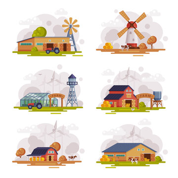 Farm Scenes Set, Country Buildings and Objects at Rural Landscape, Agriculture and Farming Concept Cartoon Vector Illustration