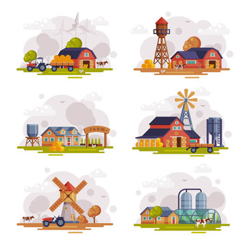 Farm Scenes Set, Autumn Rural Landscape, Agriculture and Farming Concept Cartoon Vector Illustration