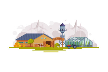 Farm Scene with Wooden Barn, Greenhouse and Water Tower, Rural Landscape, Agriculture and Farming Concept Cartoon Vector Illustration