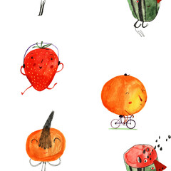 Seamless pattern illustration with fun watermelon,orange,strawberry and tangerine isolated on  white