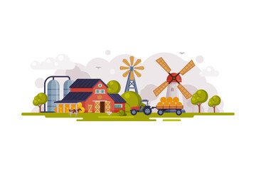 Farm Scene with Red Barn House, Windmill and Wind Turbine, Summer Rural Landscape, Agriculture and Farming Concept Cartoon Vector Illustration