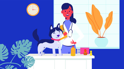 Smiling veterinarian examining cute dog. Veterinary clinic, healthcare for pets. Cartoon colorful vector illustration.