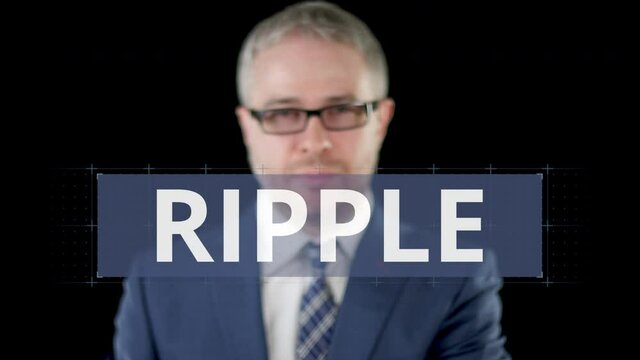 LITECOIN, MONERO and RIPPLE options selected by a businessman on the computer screen