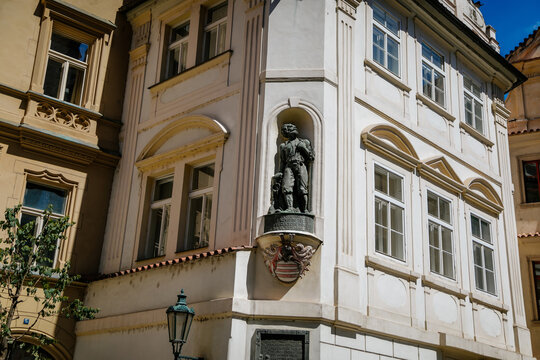 Building with Statue of Vaclav Budovce z Budova, Old Town, Prague, Czech Republic