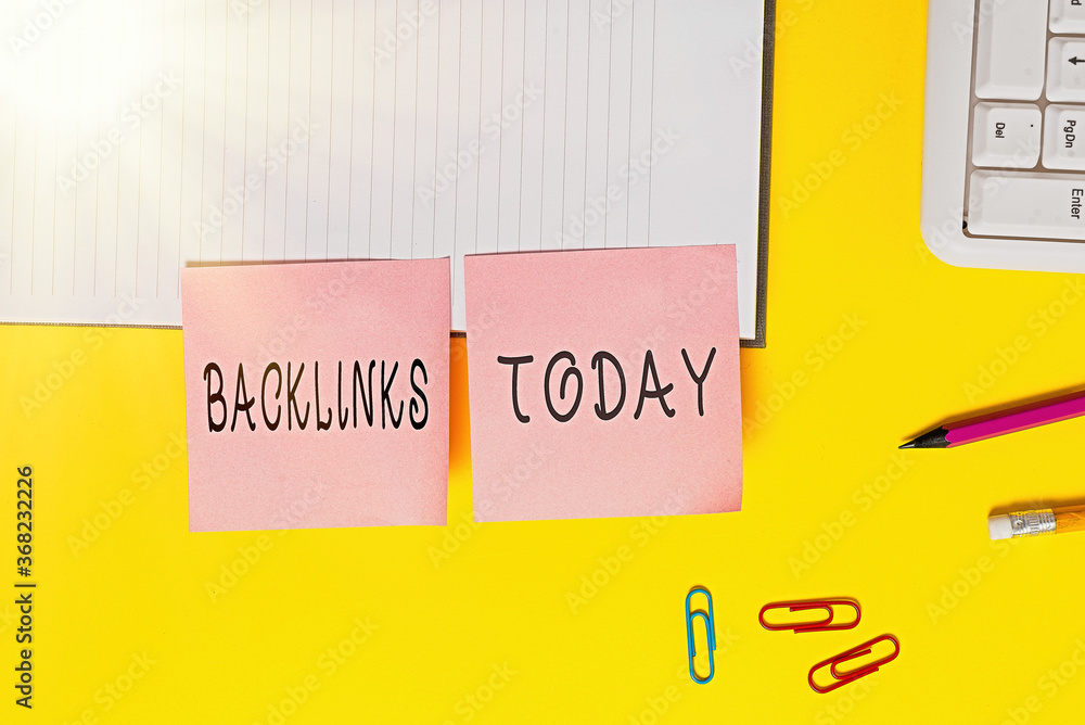 Poster word writing text backlinks. business photo showcasing links from one website to a page on another w