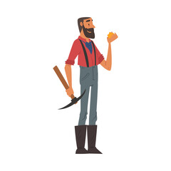 Male Prospector with Pickaxe, Bearded Gold Miner Wild West Character Wearing Vintage Clothes Cartoon Style Vector Illustration