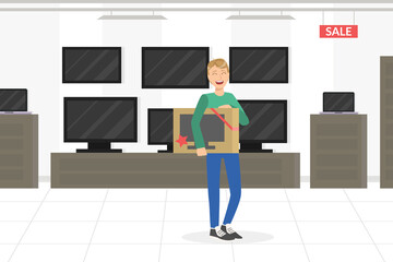 Young Man Choosing and Buying TV in Appliance Store Vector Illustration