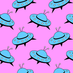 Seamless pattern with Flying Saucers, UFO. Vector background and texture for fabric, wrapping, wallpaper, textile, apparel, cover