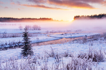 Fototapeta premium Beautiful foggy and wintery sunset in rural Estonia, Northern Europe. 