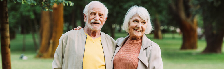 Panoramic crop of smiling senior woman embracing husband in park