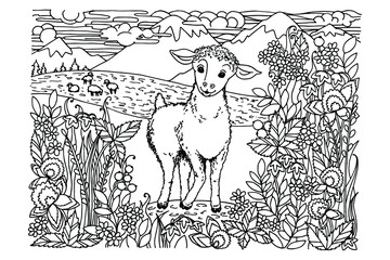 coloring book, little lamb grazes in the meadows among mountains, clouds, mountains, sheep, meadows, claver, flowers, herbs, black and white drawing, sketch, vector illustration
