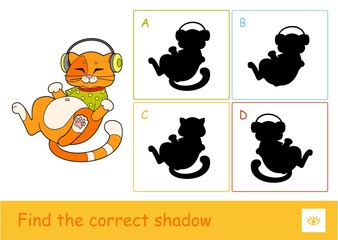 Find the correct shadow quiz learning.  Children game with the illustration of cute cat in T-shirt, listening to the music in headphones and four silhouette shadows for the youngest children.