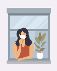 Young woman with face mask looking out window. Vector flat illustration