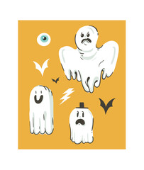 Hand drawn vector abstract cartoon Happy Halloween illustrations collection set with different funny ghosts decoration elements isolated on orange background.