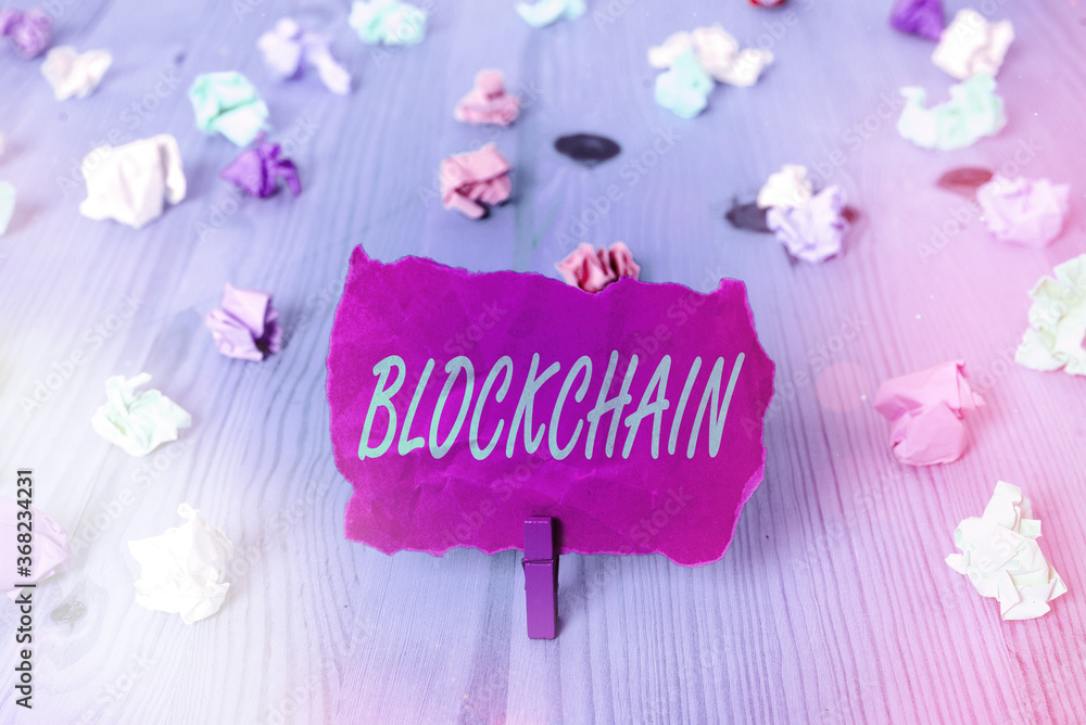 Poster text sign showing blockchain. business photo text digital database containing information that can b