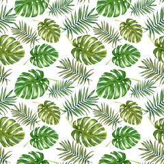 Naklejka na ściany i meble Hand painted watercolor palm and monstera leaves seamless pattern. 