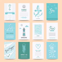 Naklejka premium Summer holiday, sea vacation, ocean trip card, wedding flyer, party invitation, poster. Hipster collection of summertime templates, hand drawn design elements, marine symbols, vector illustrations.
