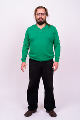 Bearded man with mustache and long hair against white background