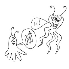Set of Cute funny aliens. Design element, icon on the theme of UFO, space. Doodles vector illustration. Concept of first contact