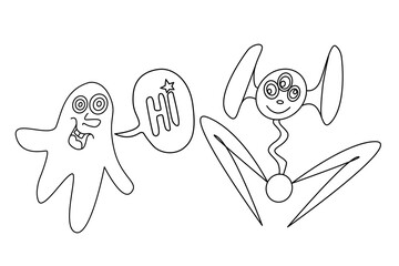 Set of Cute funny aliens. Design element, icon on the theme of UFO, space. Doodles vector illustration. Concept of first contact