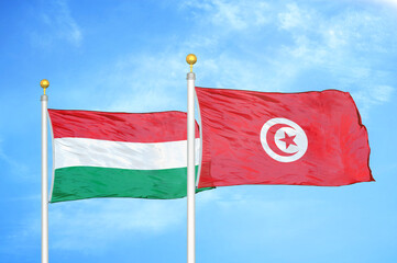 Hungary and Tunisia two flags on flagpoles and blue cloudy sky