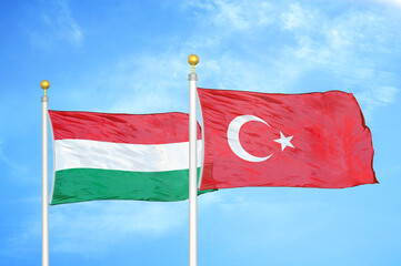 Hungary and Turkey two flags on flagpoles and blue cloudy sky
