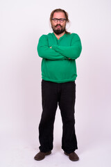 Bearded man with mustache and long hair against white background