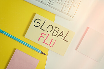 Word writing text Global Flu. Business photo showcasing Common communicable illness spreading over...