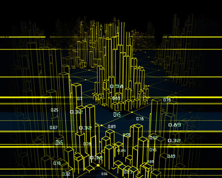 3D rendering abstract  infographic with yellow outline columns.  Business and finance analytics representation. Big Data. Futuristic geometric analyze data concept.