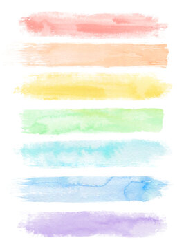 Set of pastel watercolor brush strokes in rainbow colors. Hand drawn paint banners isolated on white background.