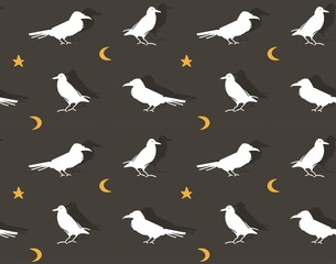 Hand drawn vector abstract cartoon Happy Halloween illustration seamless pattern with ravens and crowns isolated on black background