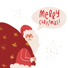 Cute hand drawn Santa Claus with beard and huge bag with gifts and Merry Christmas lettering greeting in speech bubble.